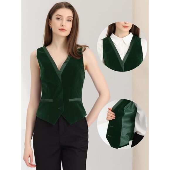 Velvet Suit Waistcoat Retro Sleeveless Steampunk Blazer Dressy Vest Dark Green - Picture 2 of 5